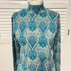 Bobbie Brooks Mock neck Vintage Retro Style Blue Paisley Long sleeve Blouse